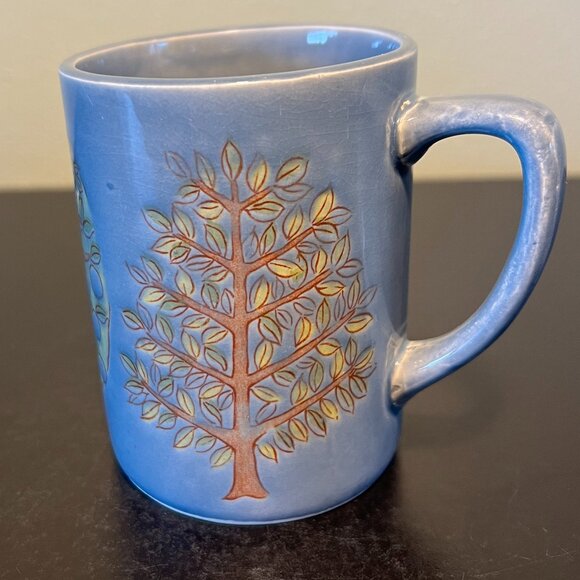 Handcrafted Pottery Otagiri Style Grayish Blue Glazed Cup / Mug w/ Trio of Trees - Picture 4 of 7
